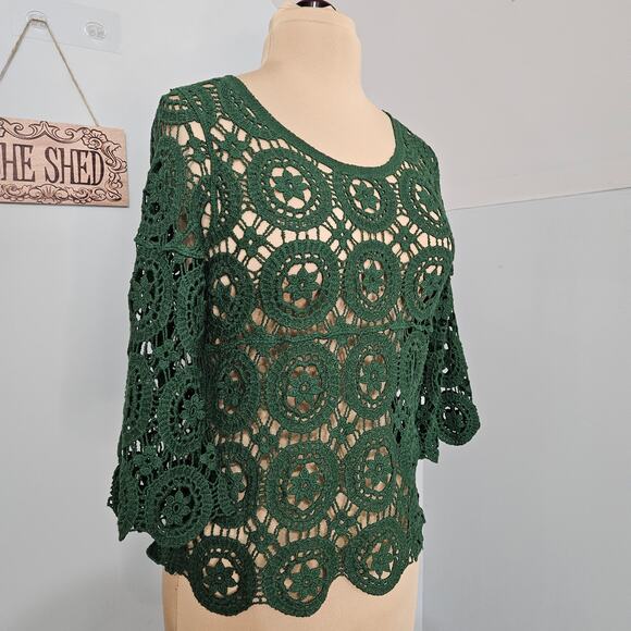 Ultra Pink Top Womens Small Green Open Crochet Knit 3/4 Bell Sleeve Scoopneck - Picture 5 of 14